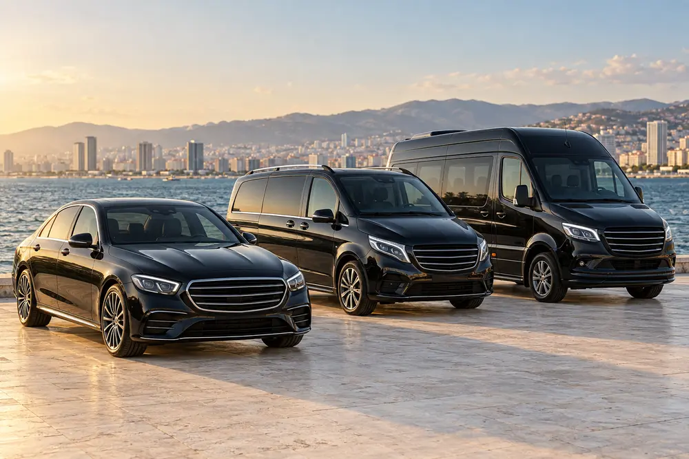 İzmir sahilinde siyah sedan, Vito ve Sprinter araç sınıflarının temsili görseli